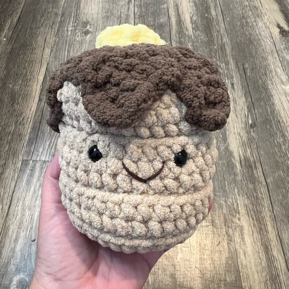 Happy Pancake Stack with Butter and Syrup Crochet Plushie Handcrafted